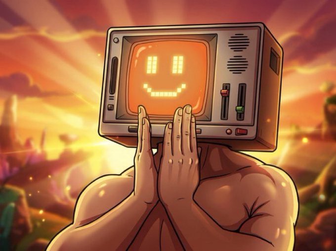 An illustration of a muscular figure with a retro CRT monitor for a head displaying a smiley face, set against a vibrant sunset sky.