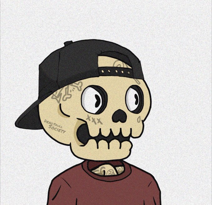 A cartoon illustration of a character with a skull face wearing a backwards black cap and maroon shirt, with 'DEAD SKULL SOCIETY' tattooed on the face.