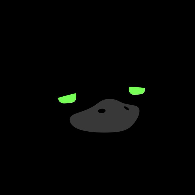A minimalist black square featuring a dark gray blob-like face with two glowing green rectangular eyes peering out from the darkness.