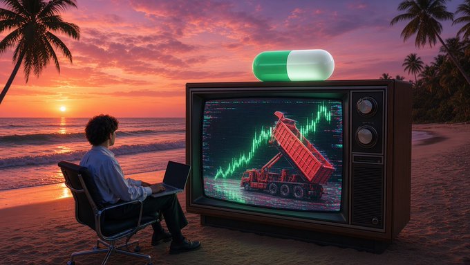A surreal image shows a person sitting at a desk with a laptop on a beach at sunset, watching a large retro television displaying a financial chart with a red dump truck dumping red bars on a rising green line, with a giant green and white pill hovering above the TV.