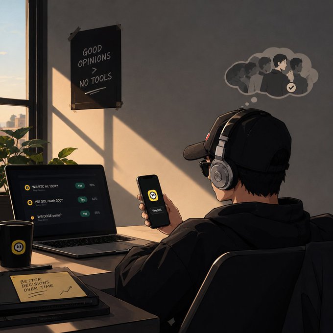 An illustration of a person using a phone and laptop with Bitcoin-branded prediction lists, alongside wall art reading “GOOD OPINIONS > NO TOOLS” and a sticky note saying “BETTER DECISIONS OVER TIME.”