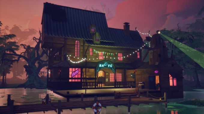 Stylized digital artwork depicting a spooky wooden saloon-like building labeled "BARC" at dusk, adorned with string lights, neon signs reading "BOO!" and "YIKES", and a searchlight beam cutting across the twilight sky.