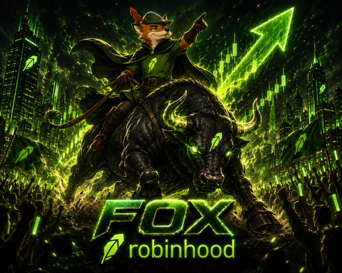 A stylized digital illustration of a fox riding a black bull, with green glowing eyes and an upward green arrow in the background, featuring the text 'FOX robinhood' at the bottom.