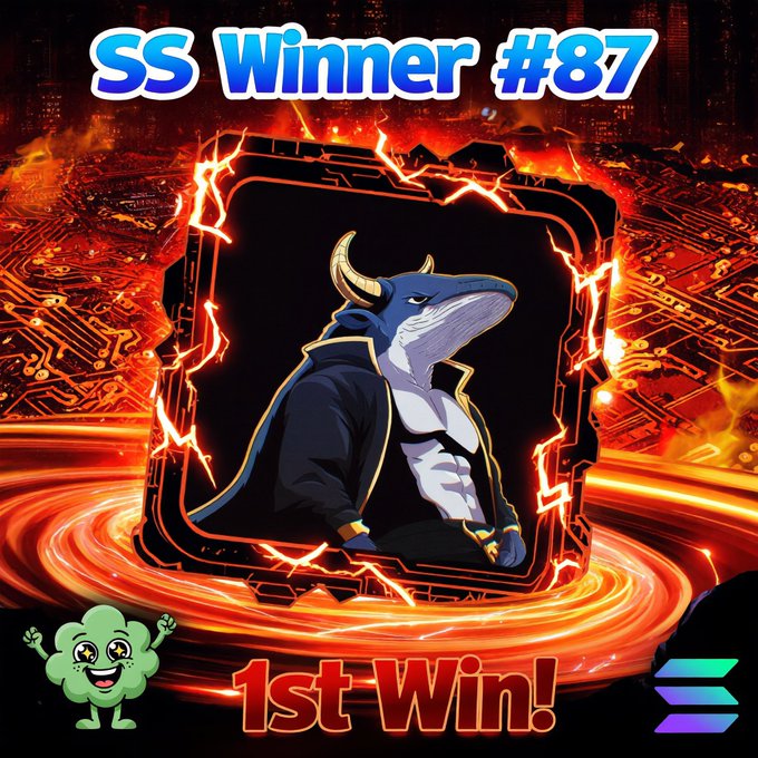 The image celebrates "SS Winner #87" with bold "1st Win!" text, featuring a fierce anthropomorphic bull character in a hooded jacket surrounded by fiery, cracked energy effects and circuit-board flames, visually matching the "Smurf Spotlight V2" daily winner announcement for Day 87.