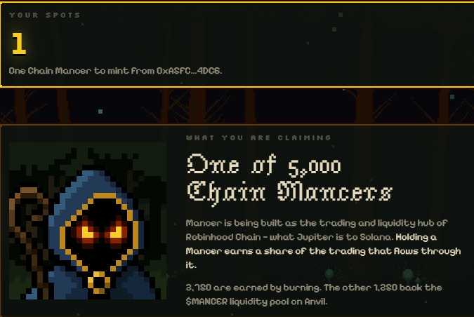 A pixel-art themed graphic showing a hooded character claiming 'One of 5,000 Chain Mancerrs' NFT, describing Mancerr as the trading and liquidity hub of Robinhood Chain bridging Jupiter to Solana.