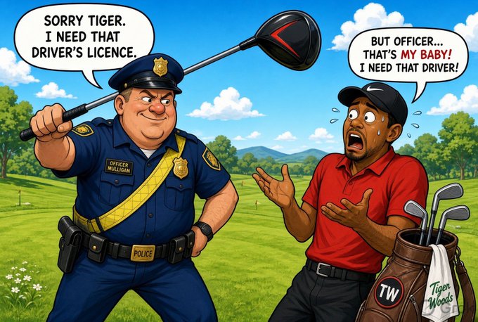 Cartoon illustration showing a police officer labeled 'OFFICER MCLAGAN' taking a golf driver from a distressed golfer named Tiger Woods, with speech bubbles about the driver's license and his baby driver.