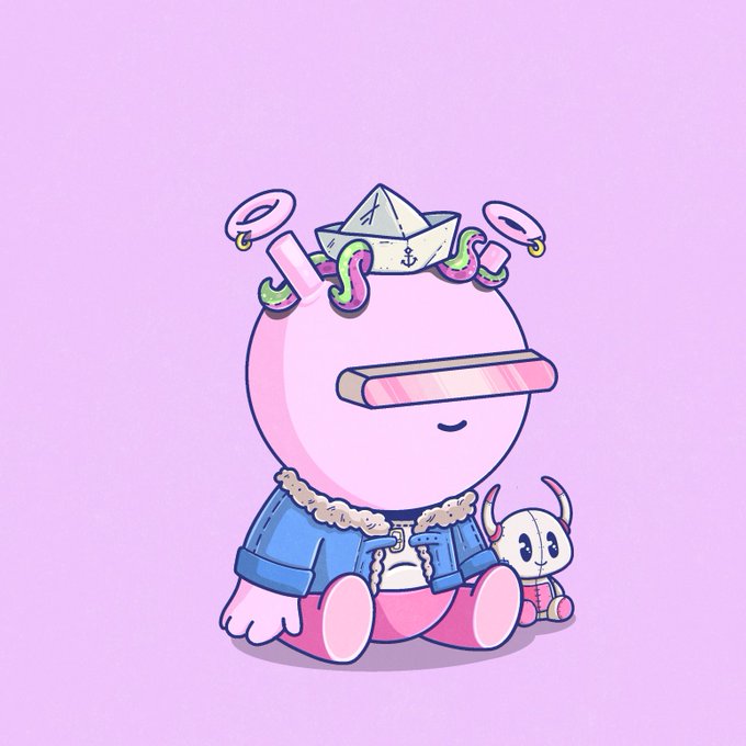 A digital illustration on a purple backdrop shows a pink, round cartoon character with an eyemask, wearing a sailor hat and a denim jacket, next to a smaller similar creature.