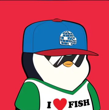 A cartoon penguin wearing a blue cap with a building logo and sunglasses, dressed in a white shirt that reads 'I ❤️ FISH' against a red background.