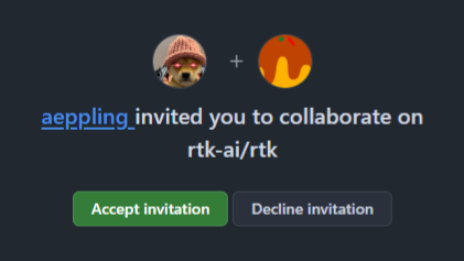 A GitHub collaboration invitation showing "aeppling invited you to collaborate on rtk-ai/rtk," with Accept and Decline buttons. The image relates to the post by displaying the official maintainer invitation for the RTK (Rust Token Killer) repository.