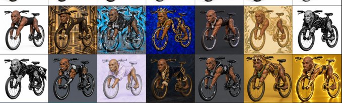 A grid of fourteen AI-generated images showing a muscular man on a stationary bicycle, presented in various artistic styles ranging from photorealistic to golden and grayscale renderings.