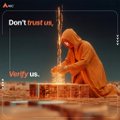 The image shows a hooded figure in an orange robe kneeling by a fire with the text "Don't trust us," and "Verify" alongside a logo, promoting skepticism and personal verification. This ties into the post's message about verifying and making use of ANIMA AI daily, emphasizing that users shouldn't simply trust claims but should actively verify rewards like $ARC points before the snapshot.
