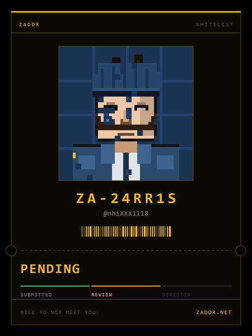 A pixel art profile card displays the ID "ZA-24RR1S" with username "@nhiXXX1118", marked as "PENDING" with a progress bar at the "REVIEW" stage.