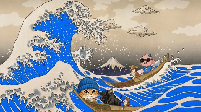 An illustration in the style of Hokusai's 'The Great Wave off Kanagawa' depicts cats in small boats navigating the giant waves, with one cat wearing a blue knit hat and another sporting sunglasses in a snowy scene.