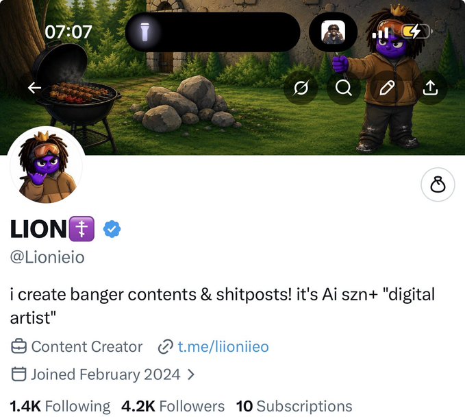 The image shows the X (Twitter) profile page of "LION" (@Lionieio), a verified Content Creator who describes themselves as creating "banger contents & shitposts! it's Ai szn+ 'digital artist'". The account has 1.4K Following, 4.2K Followers, and only 10 Subscriptions, which aligns with the post mocking the lopsided ratio of followers to actual subscriptions as a sign of CT account decline.