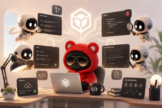 The image features a stylized character in a red bear hoodie working on a laptop, surrounded by floating panels labeled "PR REVIEW," "DEBUG," "TEST," "DEPLOY," "DOCUMENTATION," and "COLLABORATION," with small robot assistants reviewing the content, visually representing the developer-focused tools and workflow of NucleusCodes highlighted in the post.