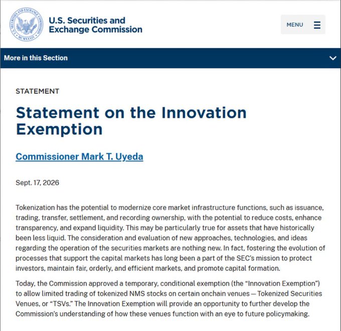 The image shows an official SEC statement titled "Statement on the Innovation Exemption" by Commissioner Mark T. Uyeda, dated Sept. 17, 2026, announcing a temporary, conditional exemption allowing limited trading of tokenized NMS stocks on certain onchain venues called Tokenized Securities Venues (TSVs). This directly supports the post's theme of "Tokenization is coming to America," as it demonstrates the SEC's formal regulatory steps toward integrating blockchain technology into U.S. capital markets.