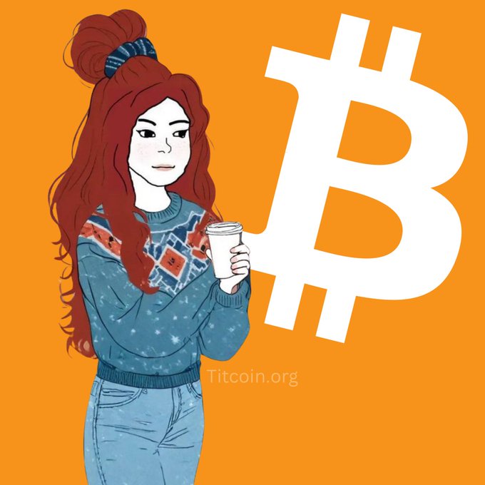 An illustration of a red-haired woman holding a coffee cup, wearing a blue patterned sweater, set against an orange background with a large white Bitcoin symbol and 'Titcoin.org' text.