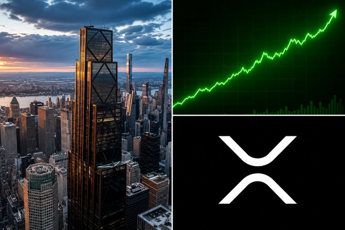 A collage featuring a city skyline at dusk alongside an upward-trending green chart and the XRP cryptocurrency logo on a black background.
