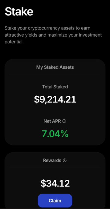 A "Stake" interface on WebAuth Wallet displays $9,214.21 in total staked assets with a 7.04% net APR and $34.12 in available rewards ready to claim, illustrating the passive income potential highlighted in the post about WebAuth Wallet and MetalX generating returns superior to cold storage.