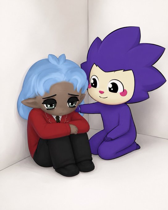 A digital illustration shows a sad blue-haired elf-like character in a red sweater sitting on the floor while a smiling purple spiky-haired character comforts them by placing a hand on their shoulder.