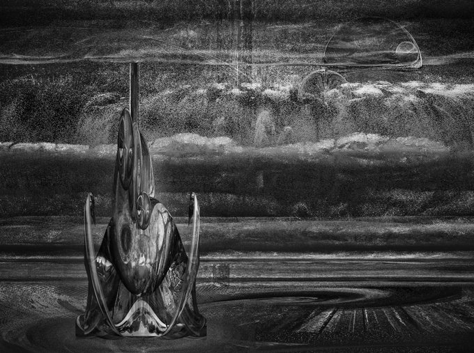A black and white artistic image showing a melting or dripping object in the foreground against a textured, abstract background with circular shapes.