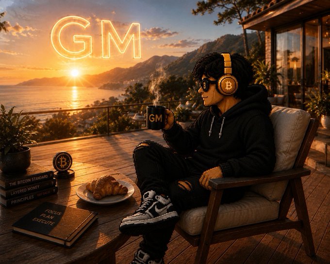 An illustrated scene depicts a person in a hoodie and Bitcoin-themed headphones holding a "GM" mug on a balcony at sunset, with a glowing "GM" neon sign, Bitcoin coin, and books titled "THE BITCOIN STANDARD" and "PRINCIPLES" nearby.