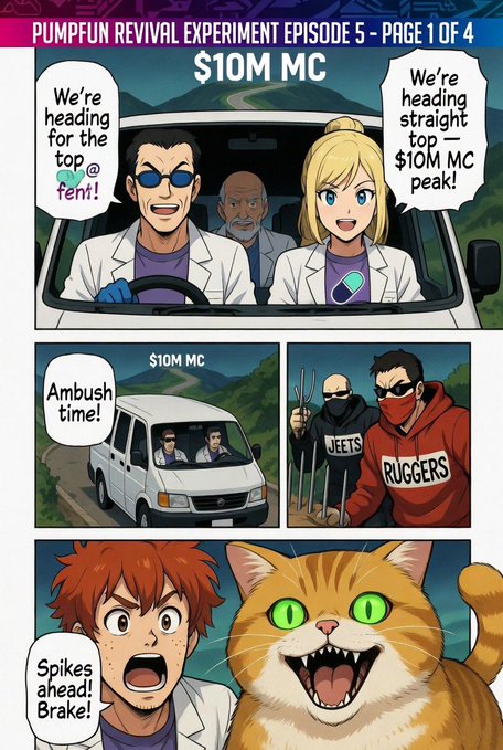 The image features a cartoon scene with a cat sitting inside a car, looking out of the window as if observing something interesting outside. The car has a man driving it, while another person is sitting next to him. There are also two more people in the scene - one standing behind the driver and another seated on the passenger side. 

The cartoon depicts an amusing situation where the cat seems to be trying to communicate with someone inside the car by sticking its head out of the window. The text accompanying the image reads "And the story goes on... Episode 5" which suggests that there is a continuation or development in the story, possibly involving Ben and the Jeets and the Ruggers.