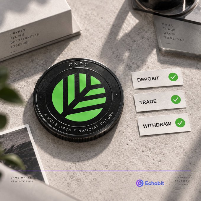 A 3D-rendered advertisement for the CNPY cryptocurrency token features a black and green coin with options to 'DEPOSIT', 'TRADE', and 'WITHDRAW' and 'Echobit' branding.