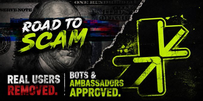 A gritty promotional graphic titled 'ROAD TO SCAM' featuring a torn dollar bill and the text 'REAL USERS REMOVED. BOTS & AMBASSADORS APPROVED.' alongside a neon green crosshair logo.