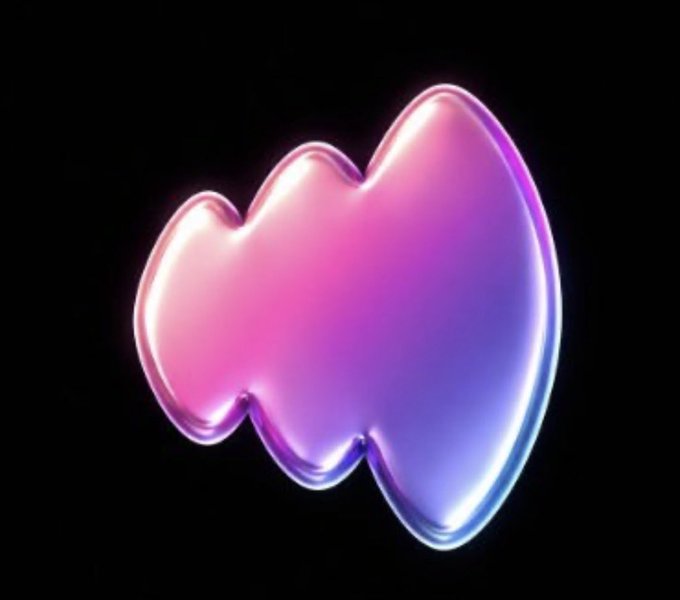 A 3D rendered glossy, abstract blob shape in pink and purple gradient colors floating against a solid black background.