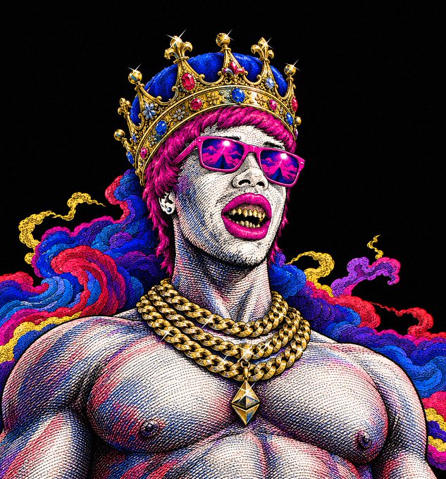 A regal figure adorned with a jeweled crown, pink sunglasses, and gold chains poses against a backdrop of swirling, colorful smoke, rendered in a vibrant crosshatch illustration style that contrasts opulence with a playful edge.

The image's grandiose, almost satirical depiction of "royalty" pairs with the post's message by suggesting that true value and meaning aren't found in flashy, self-aggrandizing displays, but rather in the quiet, honest actions that humble kings of character often embody.