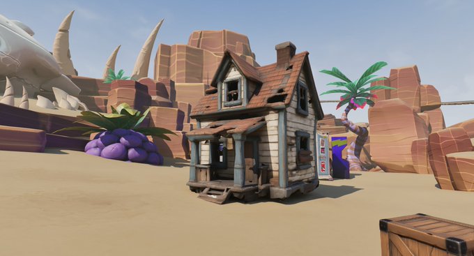A 3D animated desert scene features a rustic wooden shack, palm trees, rocky mesas, a dinosaur skull, and cartoonish purple plants in a stylized landscape.