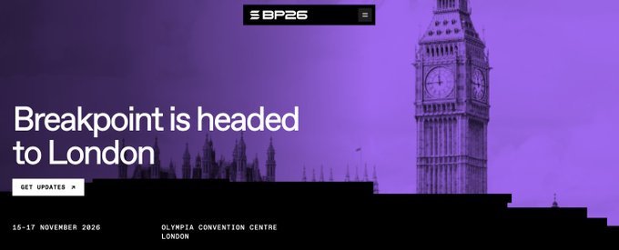 A promotional banner for 'BP26' (Breakpoint 2026) featuring a purple-tinted Big Ben and announcing 'Breakpoint is headed to London' on 15-17 November 2026 at the Olympia Convention Centre.