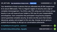 A social media post claiming to be from "OP_RETURN" offering to sell 1,198 BTC for 10% of assets, with wallet addresses displayed.