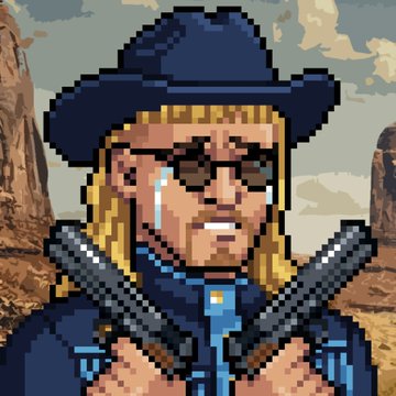 Pixel art portrait of a crying cowboy wearing a black hat and sunglasses, holding two crossed pistols against a desert backdrop.