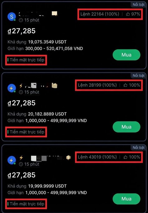 A screenshot showing cryptocurrency P2P trading listings in Vietnamese, displaying USDT purchase offers at 27,285 VND with highlighted order IDs and 'Tiền mặt trực tiếp' (direct cash) payment options.