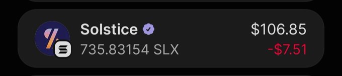 A dark-themed crypto price card showing 'Solstice' (SLX) at $106.85, down -$7.51, with a quantity of 735.83154 SLX.