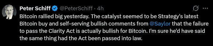 A tweet from Peter Schiff (@PeterSchiff) commenting on Bitcoin's rally, criticizing Strategy's Bitcoin buy and Michael Saylor's (@Saylor) comments about the Clarity Act.