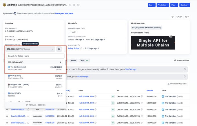 The image shows an Etherscan address page for 0x638Ccb1837DeE22837Ba56Ee1dD0fF9620D7F296, displaying a massive $SAND token balance of $12,052,846.87 with the token holdings dropdown expanded to highlight ERC-20 Tokens. This relates to the PeckShield alert by showing one of the two addresses implicated in the alleged $SAND exploit, with recent transactions showing large 50,000,000 and 10,000,000 SAND transfers to this address.