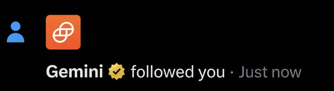 A notification appears showing "Gemini ✓ followed you · Just now" alongside Gemini's orange app icon, indicating that the Gemini account has just followed the user. This relates to the post's excitement, as the user appears to be highlighting the newly acquired verified follow from Gemini.