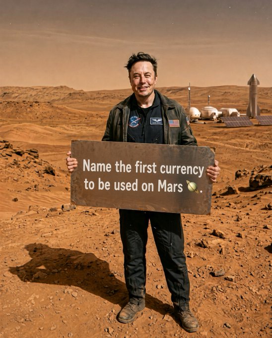 A digitally altered image of Elon Musk standing on a Martian landscape holding a sign that reads 'Name the first currency to be used on Mars 💸' with a small Mars base visible in the background.