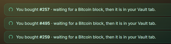 A notification list showing three green-themed alerts: 'You bought #257', '#495', and '#259 - waiting for a Bitcoin block, then it is in your Vault tab.'
