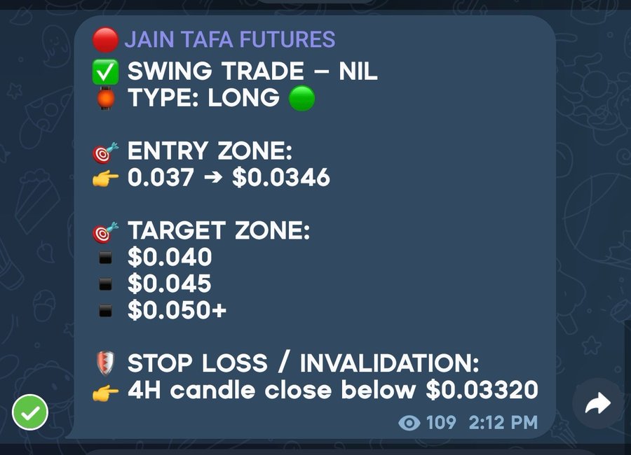 A Telegram-style trading signal message for 'TAFA FUTURES' showing a 'SWING TRADE - NIL' LONG position with an entry zone of 0.037 to $0.0346, targets at $0.040, $0.045, and $0.050+, and a stop loss on a 4H candle close below $0.03320, timestamped 2:12 PM with 109 views.