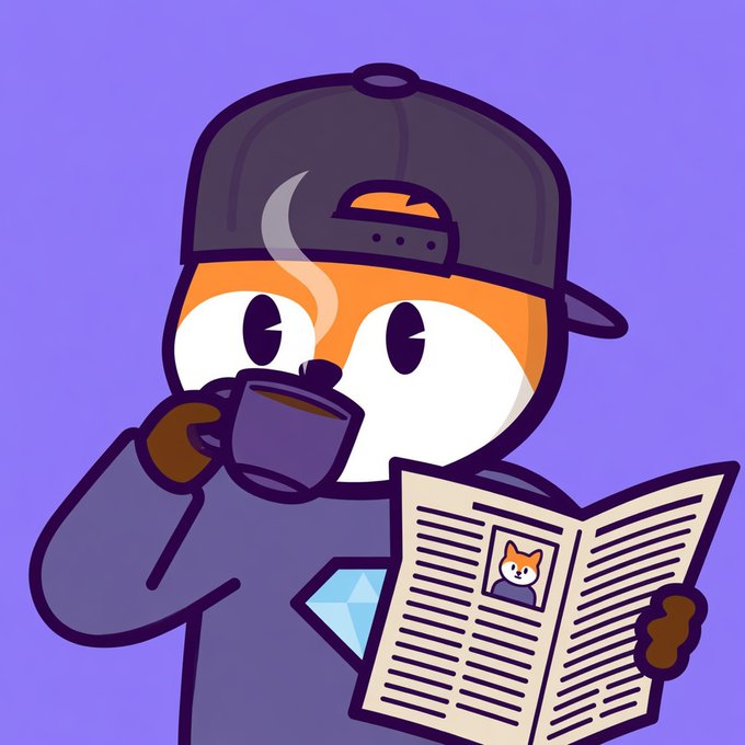 A cartoon illustration of an orange character wearing a dark backwards cap and jacket, drinking from a steaming mug while reading a newspaper against a purple background.