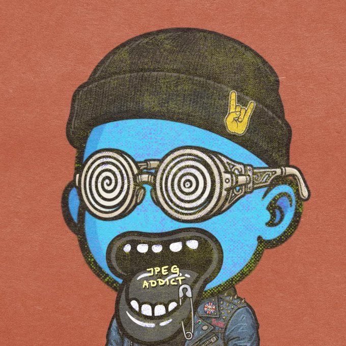An illustrated cartoon character with blue skin, wearing spiral-patterned glasses, a black beanie with a yellow hand gesture pin, and a studded leather jacket with a 'JPEG ADDICT' badge.