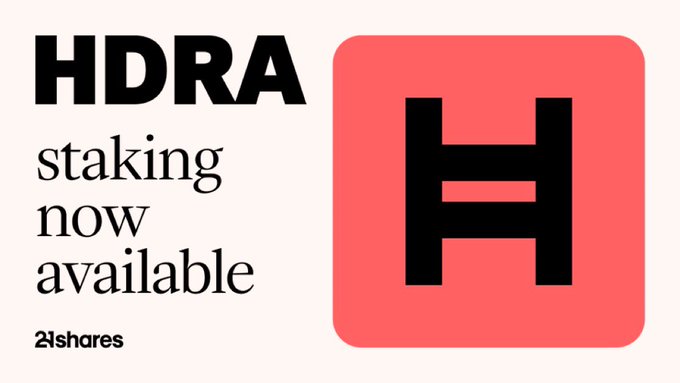 A promotional graphic from 21Shares announcing that staking is now available on its Hedera ETP, featuring the ticker "HDRA" alongside a large pink icon with a black "H" representing Hedera, reinforcing the post's news about enhanced staking functionality for the regulated product.