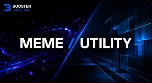 Promotional banner for Booster Launchpad featuring the text 'MEME / UTILITY' against a blue digital background.