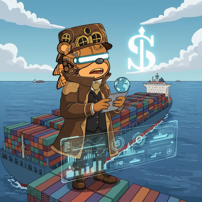 A steampunk-styled bear captain in goggles and a top hat stands atop a massive container ship, examining a globe while holographic data charts and a glowing dollar symbol hover nearby—visually representing the tokenization of real-world shipping vessels and cargo trade that the post highlights about EthraShip's RWA approach.
