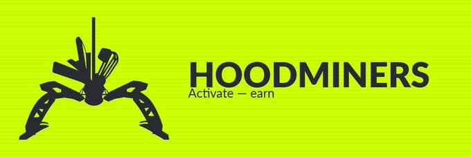 A bright green banner displays a black silhouette logo of a mining figure with the text "HOODMINERS - Activate - earn".