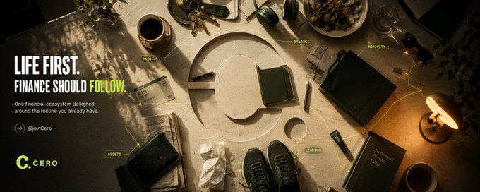 A top-down view of a desk featuring a pair of sneakers, wallet, coffee, and book, overlaid with text reading "LIFE FIRST. FINANCE SHOULD FOLLOW," "One financial ecosystem designed around the routine you already have," and the Cero logo. The image visually reinforces the post's theme of effortless integration between daily life and finance, showcasing everyday objects like a wallet and coffee to illustrate Cero's seamless background functionality.